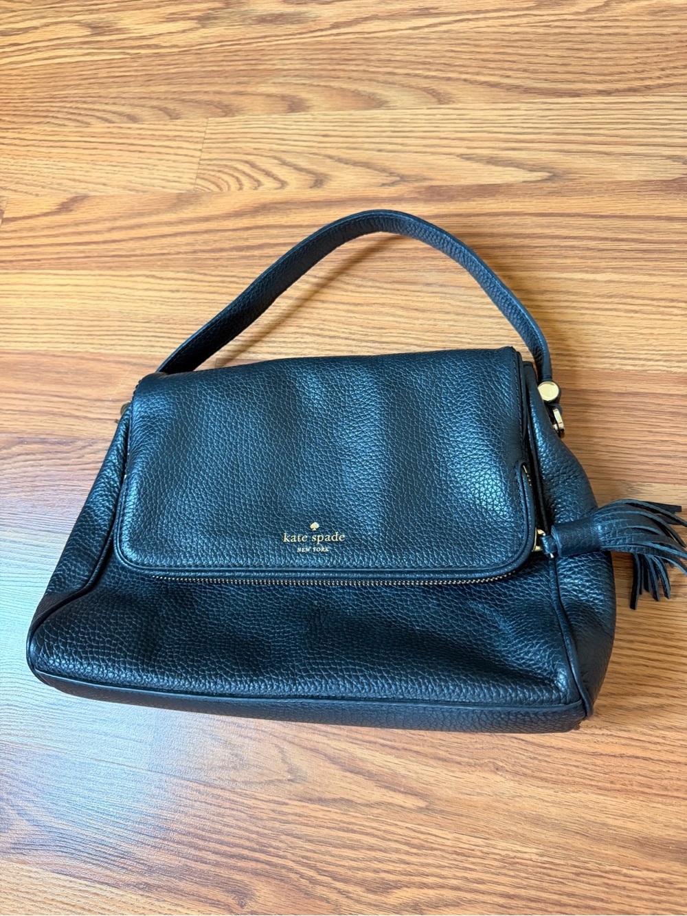 kate spade Black Pebbled Leather Shoulder Bag with Tassel
